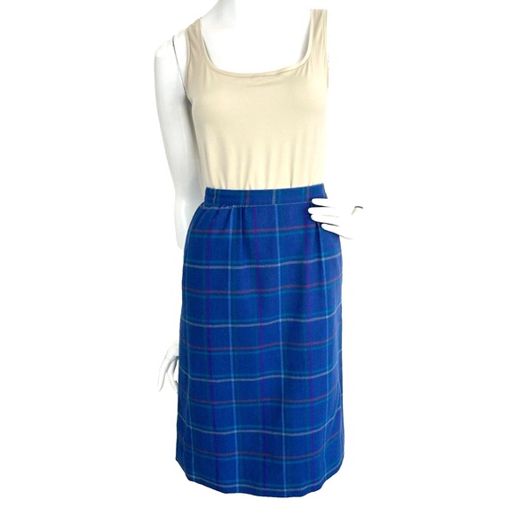 Vintage 90s Pendleton Plaid Midi Skirt Virgin Wool Pockets Flare USA Blue XS - Picture 1 of 8